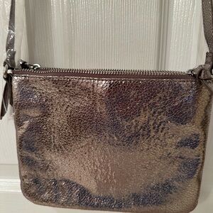 Metallic, crossbody purse.